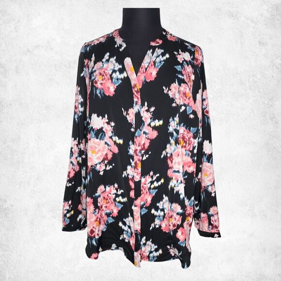Torrid Floral Blouse 3X – Black Pink Rose Print Top Plus Size Long Sleeve - Picture 4 of 6